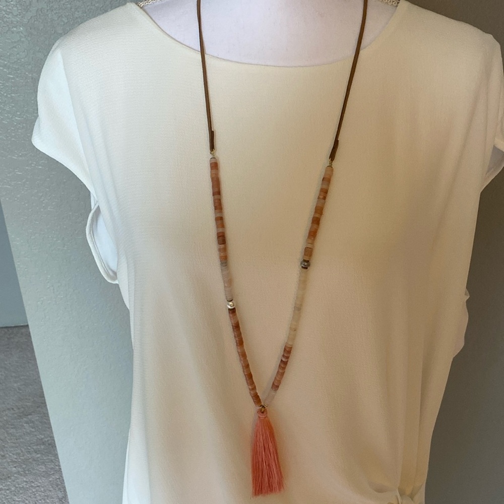 Serefina Carla Beaded Tassel necklace, coral/cream, adjustable length